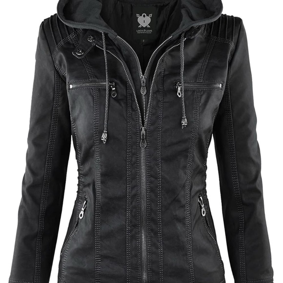 Lock & Love Jackets & Blazers - Black Moto Biker Faux Leather Jacket with Removable Hood and Tailored Fit Size M